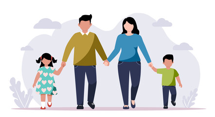 Silhouetted group walking, a vector illustration of family and children