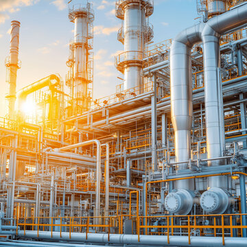 Ethane C2H6 gas industrial. Chemical energy. Fuel storage. Hydrocarbon emission. High-tech industrial equipment processing ethane in a factory setting.