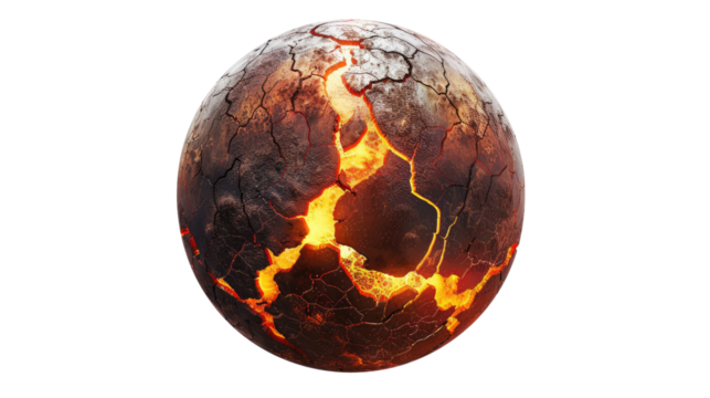 Fiery Globe: A close-up depiction of a fiery, cracked globe, reminiscent of a planet's core, with vibrant lava flows illuminating its surface