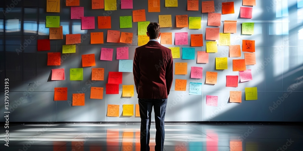 Poster a man stands in the shadow of a towering wall, its surface adorned with sticky notes, each a vibrant