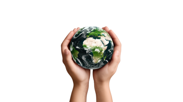 Caring for the Planet: Hands tenderly cradle a miniature Earth, symbolizing environmental responsibility and global unity, evoking a sense of care and the delicate balance of our world.