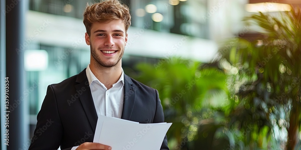 Poster a young man, dressed in a sharp black suit, presented an open insurance policy with a confident smil