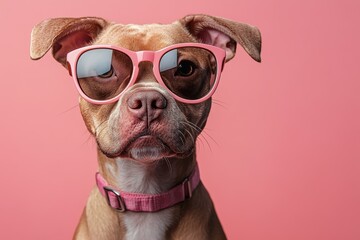Dog wears stylish pink sunglasses against a bright pink background, showcasing a playful and trendy personality