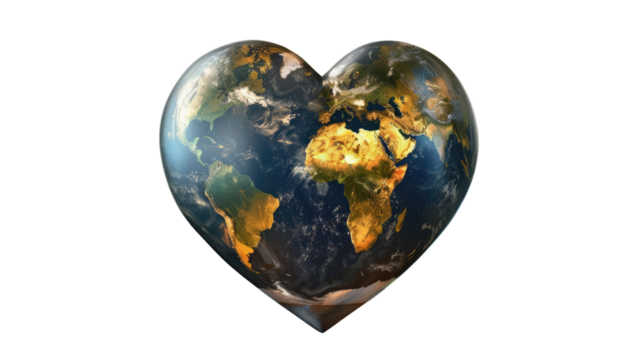 Earthly Affection: A heart-shaped planet Earth, rendered with detailed textures and atmospheric effects, symbolizes love, global unity, and environmental consciousness. - Powered by Adobe