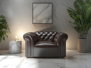 Obraz premium Luxurious Leather Chesterfield Armchair in Serene Modern Living Room Interior