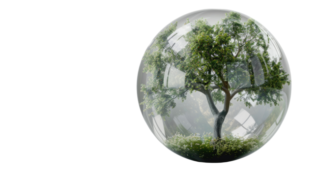 A World in a Bubble: An artistic representation of a vibrant tree encased within a clear glass sphere. Evokes the themes of environment, preservation, and the beauty of nature.