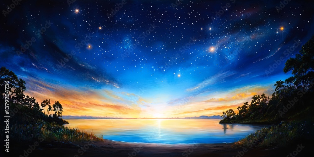 Poster a canvas of twilight, where ethereal blue hues blend with the soft glow of a million stars, inviting