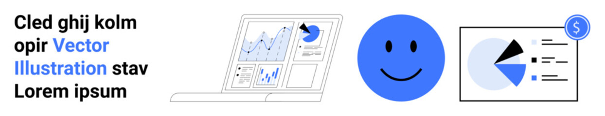 Fototapeta premium Open laptop with graphical charts, blue happy face, and pie chart in business document. Ideal for data analysis, finance, productivity, business review, presentation, strategy simple landing page