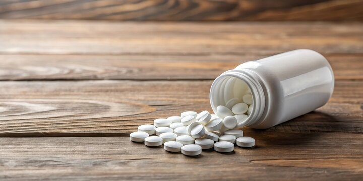A white prescription medication bottle filled with naltrexone pills on a wooden table , medicine
