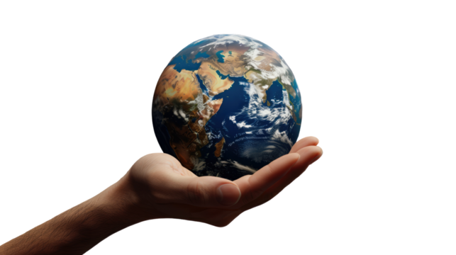 World in Hand: A hand cradles a detailed representation of the Earth, suggesting themes of environmental care and global responsibility. 