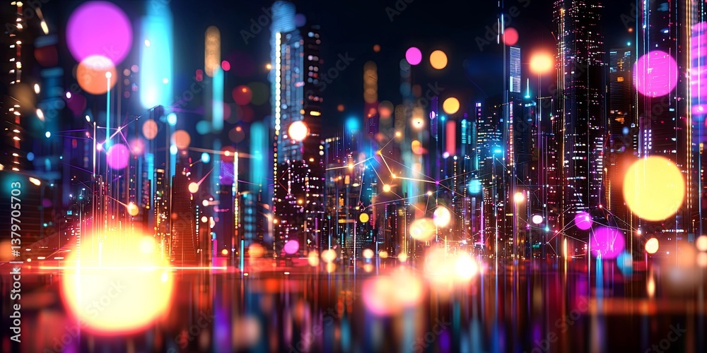 Poster a vibrant, futuristic cityscape, composed of interconnected nodes and glowing orbs, pulsating with a