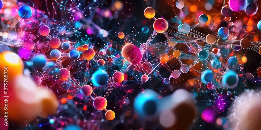 Poster A vibrant, interconnected abstract backdrop, where molecular structures and digital blocks form intricate patterns, a futuristic and scientific vision rendered in vector