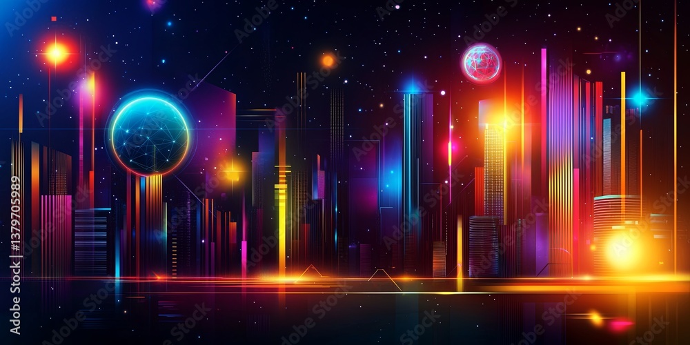 Poster A vibrant, futuristic cityscape, composed of interconnected nodes and glowing orbs, pulsating with an energy that suggests cutting-edge technological innovation and seaml