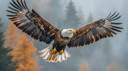 Obraz premium Soaring Bald Eagle in Misty Forest. Generative AI