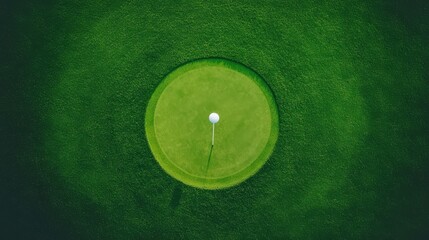 Close up view of a perfectly manicured golf hole with a vibrant green grass surface and a white flagstick in the center ready for players to putt towards the cup