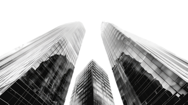 Skyward Gaze: Architectural marvels in grayscale, a dramatic low-angle view of towering skyscrapers reaching towards the sky, highlighting sleek lines and modern design.