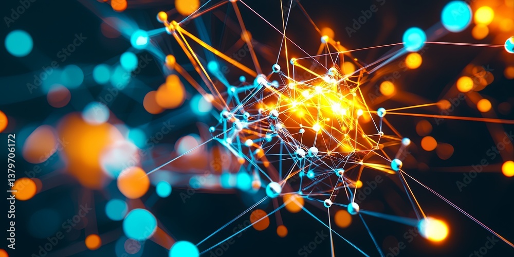 Fototapete A vibrant, futuristic canvas of interconnected nodes and lines, forming an abstract representation of scientific concepts and technological innovation, pulsating with an