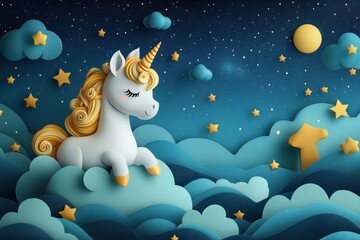 Fototapeta premium Colorful paper art features a unicorn sitting on clouds under a starry night sky with golden stars and a moon above