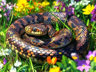 Obraz premium Coiled Snake Resting Among Vibrant Flowers in a Grassy Meadow