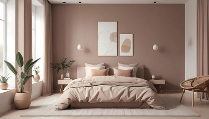 Minimalist bedroom interior with moccha mousse color theme. Generative ai
