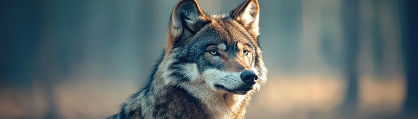 Obraz premium A close-up of a wolf in a forest, showcasing its fur texture and intense gaze in a softly blurred background.