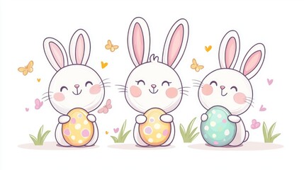 Obraz premium Cute Cartoon Bunnies with Colorful Eggs and Butterflies in Spring