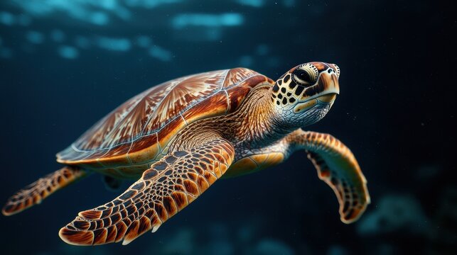 A sea turtle glides gracefully through clear blue water, showcasing its intricate shell patterns against a serene underwater background.