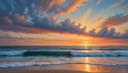 Fototapeta premium A breathtaking panoramic view captures a serene ocean at sunrise, with a color palette dominated by blues, oranges, and yellows