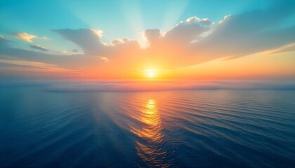 Fototapeta premium A breathtaking panoramic view captures a serene ocean at sunrise, with a color palette dominated by blues, oranges, and yellows