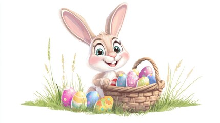 Happy Cartoon Rabbit Holding Basket of Colorful Easter Eggs