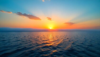 Obraz premium A breathtaking panoramic view captures a serene ocean at sunrise, with a color palette dominated by blues, oranges, and yellows