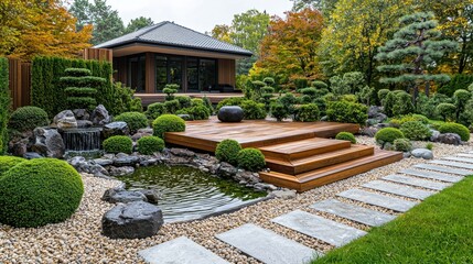Modern zen garden with pond, wooden deck, and house