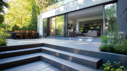 Fototapeta premium Designed terrace that seamlessly integrates with the indoor living areas through large glass doors among forest.