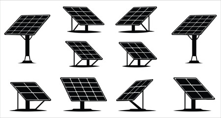Solar panel silhouettes vector art. Black silhouettes of solar panels vector icons. Solar panel silhouettes icons for eco energy power. Vector solar panel silhouettes for renewable energy