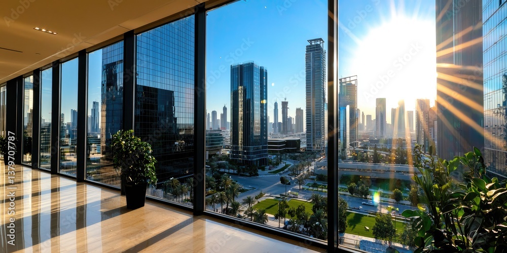 Poster a panoramic view from the ground floor of a towering skyscraper, revealing a sea of gleaming glass f