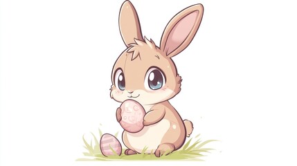 Obraz premium Cute Cartoon Bunny Holding Egg in Whimsical Spring Scene