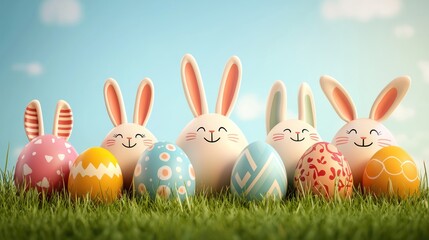 Fototapeta premium Cheerful Easter Bunnies and Colorful Eggs on a Sunny Day