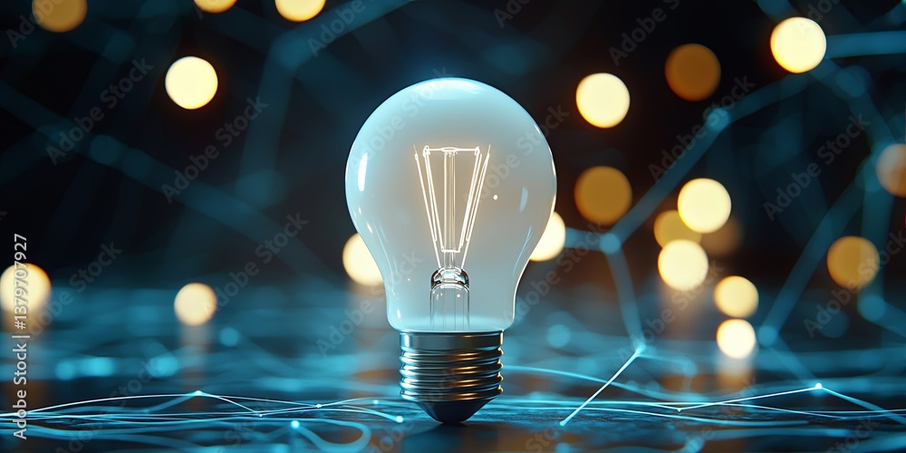 Poster a sleek, white lightbulb, its filament humming with gentle energy, is enshrouded in a network of int
