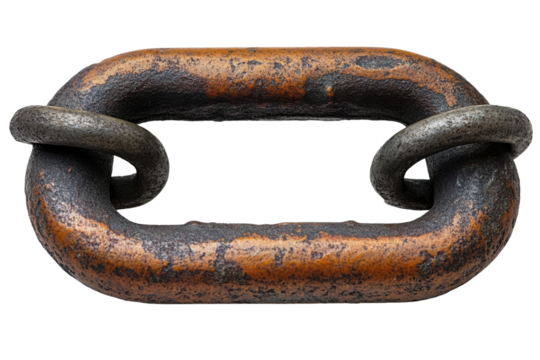 A close-up of a rusty, weathered metal chain link on a white isolated background.