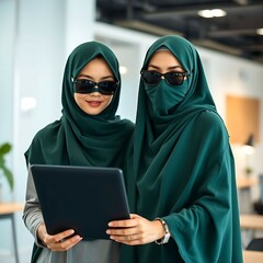 Iranian ladyes with hijab holding a laptop 
