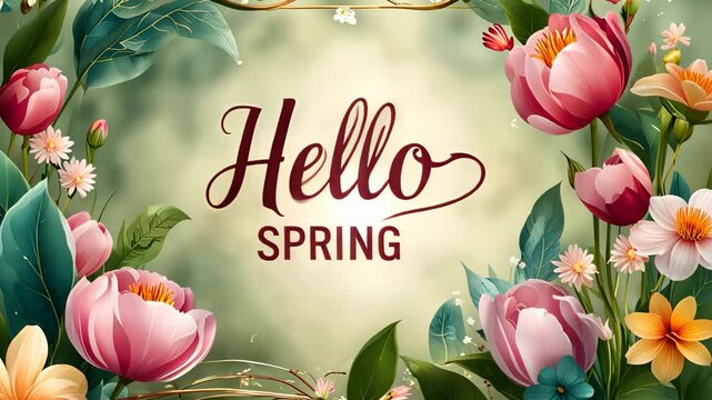 Text hello spring on green background with tulip flower. 