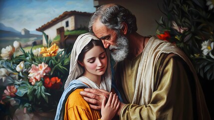 Fototapeta premium Saint joseph comforts mary in art