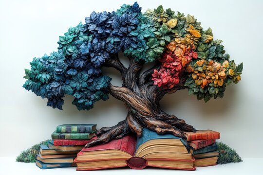 Intricate sculpture of a colorful tree entwined with open books in a creative display of art
