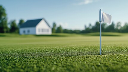 A beautifully manicured golf hole with a white flagstick standing tall in the center of a lush green fairway surrounded by a picturesque countryside landscape