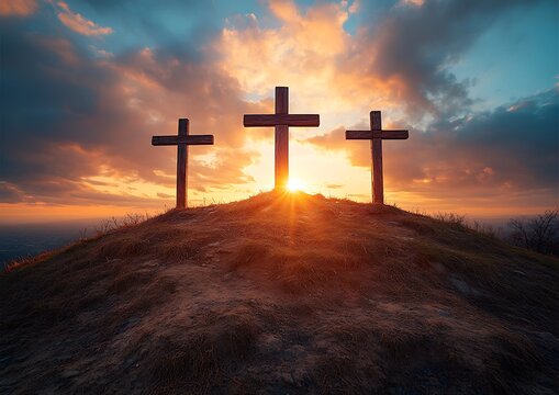 Three crosses sunset hilltop.