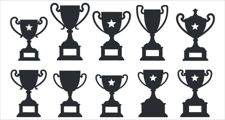 Set of black trophy silhouettes icon vector. Black trophy silhouettes collection. Award trophy cup silhouettes vector set. Collection of championship trophy silhouettes vector design