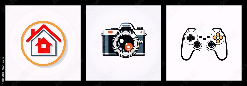Poster Three square icons are displayed: a house within a circle, a camera, and a game controller, all isolated on a white background.