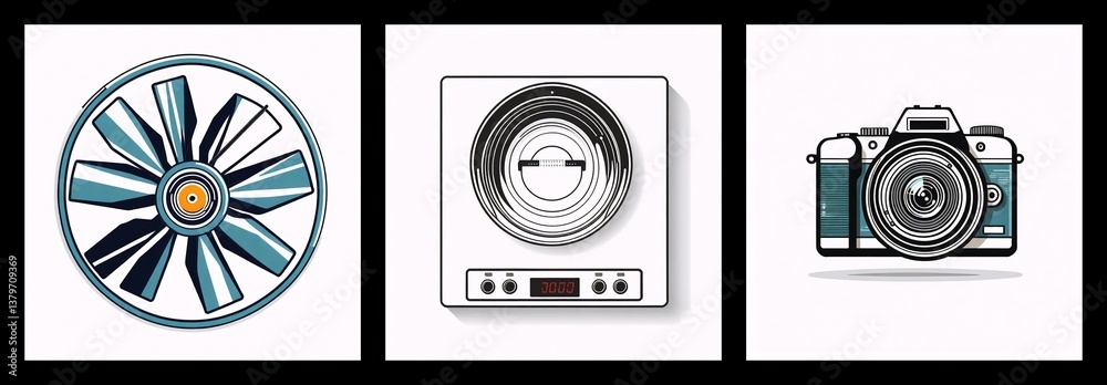 Poster three icons depict a fan with blades, a square stovetop with circular rings, and a dslr camera with 
