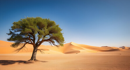 Ancient Argan Tree in the Moroccan Desert with Golden Sand Dunes