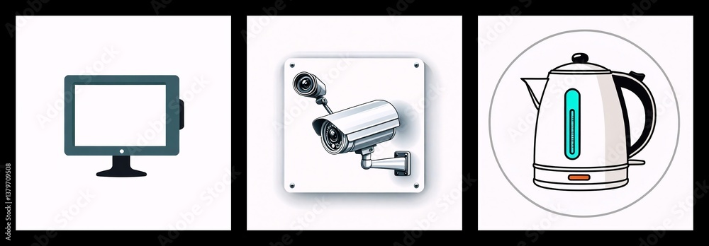 Poster image displays icons: a computer monitor, security camera, and electric kettle, each in a square fra
